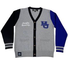 Introducing the Hampton University Cardigan Sweater!Make a bold statement and wear your Hampton pride with this one-of-a-kind and comfortable cardigan sweater, perfect for any alumni, students or supporters. Made with the highest quality materials, this sweater is designed to keep you warm and cozy while representing Hampton. Note: This is a pre-order item. Expected to ship early December 2023. Features:- Official Hampton University logo embroidered on the chest- Large "HU" Logo Chenille patch- Casual Winter Cardigan For College, Collegiate Cardigan For College In Fall, Collegiate Fall Cardigan For College, Winter Varsity Sweater For Streetwear, Collegiate Style Cardigan For Fall College Season, Varsity Sweater For Winter Streetwear, Fall Collegiate Style College Cardigan, Collegiate Style Fall Cardigan For College, Collegiate Long Sleeve Cardigan For College