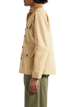 Oversized patch pockets underscore the utilitarian look of this safari-inspired jacket crafted from durable cotton canvas and topped with a corduroy collar. Front button closure Spread collar Button cuffs Chest button-flap patch pockets; front button-flap patch pockets 100% cotton Dry clean Made in Italy Designer Clothing Beige Cotton Shacket With Buttons, Beige Utility Jacket With Buttoned Pockets, Utility Jacket With Flap Pockets For Workwear, Utility Jacket With Patch Pockets For Workwear, Military Style Outerwear With Buttoned Pockets For Work, Unstructured Utility Jacket With Welt Pockets, Unstructured Utility Jacket With Patch Pockets, Khaki Utility Jacket With Lapel Collar, Utility Jacket With Buttoned Pockets For Work