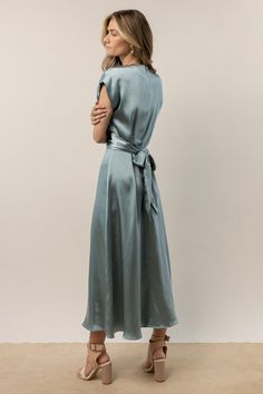 Womens Midi Dress, Muted Blue Dress, Coastal Cocktail Attire, Blue Midi Dress With Sleeves, Wedding Guest Looks Women, Blue Wedding Dress Guest, Mid Length Dresses Classy, Formal Spring Dresses, Formal Dress Sleeves