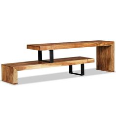 two wooden benches sitting next to each other on top of a white surface with black metal legs