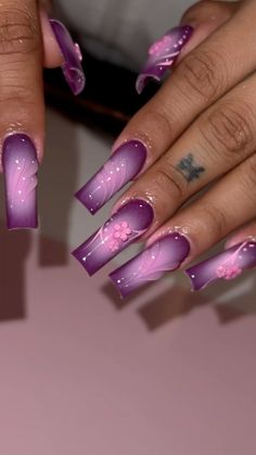 Purple With Pink Nails, Dark Purple Pink Nails, Gel X Nail Designs Purple, Purple Xl Nails, Birthday Nails Short Purple, Birthday Nail Set Ideas Purple, Purple Inspired Nails, Dark Purple Nail Inspo Acrylic, Pretty Purple Nail Designs