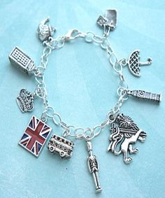 this charm bracelet features London inspired Tibetan silver charms(nickel free). the charms are attached to a silver tone 7.5 inches chain bracelet Charm Necklace Silver, Silver Charm Bracelet, Fun Gifts, Halloween Jewelry, I Love Jewelry, Fantasy Jewelry, Enamel Jewelry, Charm Bracelets, Cool Gifts