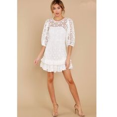 Nwot Sweet Love White Lace Dress Size Xs. This One Of A Kind Lace Dress Features Sheer Lace Detailing, Three Quarter Sleeves With Elastic Cuffs And A Functional Zipper At Back. 90% Polyester And 10% Spandex. White Mini Hem Dress With Ruffles, White Ruffle Hem Mini Dress, White Mini Dress With Ruffle Hem, Short Sleeve Mini Dress With Lace Sleeves For Brunch, Feminine Mini Hem Dress For Day Out, Feminine Mini Dress With Lace Sleeves, Feminine Lace Mini Dress With Puff Sleeves, Summer Lace Dress With Puff Sleeves And Lace Detail, Summer Lace Dress With Puff Sleeves