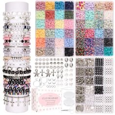 PRICES MAY VARY. All-in-one: Clay beads kits come with all the jewelry making supplies and tools you need to get started, including 48-color 8000 pcs 6 mm clay beads, 1300 pcs bead assortments like silver letter beads, number beads, pearl beads, silver spacer beads, heart beads, cross pendants, and jewelry-making accessories like bracelet elastic string, earring hooks, tweezers, scissors and jump rings. This makes it easy to get started with your new hobby without having to purchase additional b Clay Bead Bracelet Kit Amazon, Bracelet Making Materials, Cute Matching Bracelets For Couples Clay Bead, Bracelet Making Kits, Bracelet Making Tools, Bead Kits Jewelry Making, Clay Beads Kit, Cute Stuff To Buy On Amazon, Chains Pants