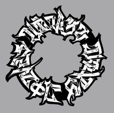 the letters are made up of black and white graffiti type on a gray background, forming a circular shape