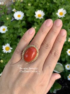 Vivid oxblood red Sardinia Coral Ring set in 14k yellow gold! Ring Size: 6.25 Total Weight: 8.45 grams Precious Metal: 14k solid gold Precious stones: -Coral Center Stone: 22.1mm x 15.5mm, 14.5carats Hallmark: 14k, TAIWAN Formal Coral Ring, Coral Rings For Women, Elegant Coral Ring Jewelry, Vintage Oval Coral Jewelry, Red Coral Ring, Gold Ring Vintage, Oxblood Red, Platinum Diamond Rings, Coral Ring