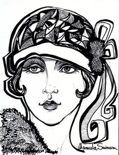 a black and white drawing of a woman wearing a hat with flowers on her head