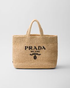 Natural Crochet Tote Bag | PRADA Designer Natural Color Rectangular Crochet Bag, Designer Natural Rectangular Crochet Bag, Designer Rectangular Natural Crochet Bag, Designer Beige Crochet Shopping Bag, Designer Crochet Woven Bag, Designer Crochet Bag For Summer, Beige Logo Bag For Summer, Luxury Straw Crochet Shopping Bag, Luxury Straw Crochet Bag For Shopping