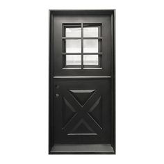 a black door with an open window on the front and side panels, against a white background