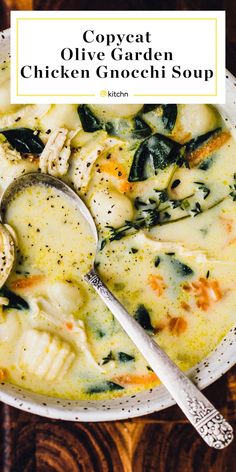 a white bowl filled with chicken gnocchi soup on top of a wooden table