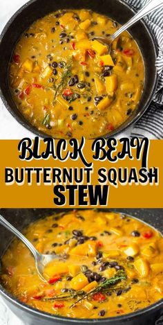 black bean butternut squash stew in a skillet with the words, black bean butternut squash stew