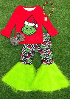 Bell Bottoms Outfit, Grinch Christmas Party, Grinch Party, Bell Pants, Kids Christmas Outfits, Christmas Grinch, Christmas Set, Holiday Baby, African Lace