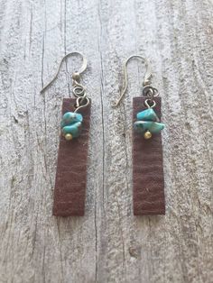 Handmade Turquoise Leather & Brass Earrings - Etsy Handmade Blue Leather Earrings, Rustic Hand Tooled Leather Jewelry, Soldered Turquoise Brass Earrings, Turquoise Soldered Brass Earrings, Handmade Rustic Leather Earrings, Handmade Turquoise Leather Earrings, Handmade Leather Turquoise Earrings, Handmade Leather Earrings In Turquoise, Artisan Leather Nickel-free Earrings