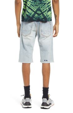 Turn your speakers up and rock out in slim-fitting cutoff shorts made from premium rigid denim that molds to your body with wear and feature a cool, logo belt. 33" inseam; 18" leg opening; 11 1/2" rise Zip fly with button closure Five-pocket style 100% cotton Machine wash, line dry Imported Men's Clothing Urban Style Faded Bottoms For Summer, Rugged Bottoms With Belt Loops For Streetwear, Cutoff Shorts With Belt Loops For Streetwear, Urban Shorts With Belt Loops For Streetwear, Urban Shorts With Belt Loops For Summer, Cutoff Jean Shorts In Medium Wash For Streetwear, Medium Wash Cutoff Jean Shorts For Streetwear, Relaxed Fit Cutoff Jean Shorts For Streetwear, Rigid Denim Jean Shorts For Summer