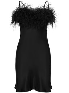 black feather-trim detailing adjustable spaghetti straps fitted waistline straight hem thigh-length Black Feather Dress, Wedding Dress With Feathers, Slip Wedding Dress, Dress With Feathers, Green Slip Dress, Ostrich Feather Trim, Loungewear Luxury, Feather Trim, Mini Slip