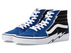 Vans Sk8-Hi Bolt - Shoes : Suede/Canvas True Blue/Black : Level up your street style by wearing the cool and casual Vans Sk8-Hi Bolt Shoes. Leather and textile upper. Textile lining and insole. Classic lace-up closure. Thunderbolt detailing along with the eyelets and bumper. Reinforced toe caps. Supportive padded collars. Signature rubber waffle outsole with high traction and durability. Imported. Measurements: Weight: 1 lb 2 oz. Shaft: 4 ½ in. Measurements: Weight: 1 lb 2 oz Shaft: 4 1 2 in Pro Vans Lace-up Sneakers With Vulcanized Sole, Vans Vulcanized Lace-up Sneakers, Vans Urban Sneakers With Laces, Urban Vans Sneakers With Laces, Urban Vans Sneakers, Urban Vans Lace-up Sneakers, White Sole Vans Lace-up Sneakers, White Vans Lace-up Sneakers, High-top Sneakers With Laces For Skateboarding