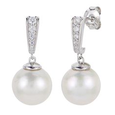 Sterling Silver 10-11mm Cultured Pearl and Created Sapphire Earrings A birthday. A graduation. An anniversary. Just because. The perfect present for special days (or for any day), this classic pearl and created sapphire drop earring boasts timeless charm that always delights. Wonderful for a favorite person or for you.                   Each approx. 1/2"L x 1/4"W     Stamped .925 sterling silver; polished finish      Pierced with butterfly backs   Stone Information       All sizes and weights approximate-     Cultured Freshwater Pearl: Off-round (10-11mm)     Created White Sapphire: Round; 0.21ctw Elegant Round Pearl Earrings For Evening, Graceful Pearl White Earrings For Formal Occasions, Classic White Gold Earrings With Pearl Charm, Elegant Bridal Earrings In Diamond White For Formal Occasions, Elegant Diamond White Bridal Earrings For Formal Occasions, Elegant Diamond White Bridal Earrings For Formal Events, Graceful Pearl Earrings For Formal Occasions, Classic Pear-shaped Brilliant Cut Bridal Earrings, Elegant White Bridal Earrings For Formal Occasions