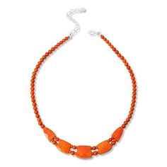 Jay King Orange Coral and Labradorite Reversible 18" Necklace  This versatile, double-sided necklace design features orange coral and shimmering labradorite in a fun, festive design that's sure to set you apart from the crowd. Simple flip it over to instantly change up your look! From Jay King.       Approx. 18"L x 1/4"W with 2-3/4" extender     Drop approx. 11/16"L x 7/8"W     Stamped .925     Hook closure     Orange coral necklace drape has five freeform stations with orange coral on one side; multicolor labradorite on reverse     Round, orange coral beads complete necklace   Stone Information       All sizes and weights approximate     Stabilized Compressed Color-Enhanced Orange Coral - Freeform (12x20mm to 17x22mm), round (5-6mm), heishi (4mm); harvested in Indonesia     Stabilized Lab Spiritual Orange Necklace Made Of Red Coral, Spiritual Orange Red Coral Necklace, Orange Gemstone Beads Necklace In Red Coral, Orange Single Strand Red Coral Jewelry, Orange Round Beaded Necklace With Lobster Clasp, Orange Necklace With Round Beads And Lobster Clasp, Orange Necklaces With Round Beads And Lobster Clasp, Orange Red Coral Jewelry As A Gift, Orange Red Coral Jewelry Gift