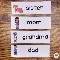 three matching cards with the words'sister, mom, grandma and dad '