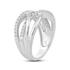 Add personality to your looks with this crossover diamond ring that mirrors your carefree and free-spirited self. The ring is designed with shiny and sparkly waves that intertwine. This distinctively creative ring makes a symbolic accessory for a distinctively unique You. Modern Twist Open Band Diamond Ring, Modern Twist White Diamond Ring, Modern Twist Diamond Bypass Ring For Anniversary, Modern Twist Rings With Single Cut Diamonds, Modern Diamond Ring With Diamond Accents, Modern Twist Diamond Ring With Open Band For Anniversary, Modern Twist Diamond Ring With Vvs Clarity, Modern Twist Diamond Open Ring, White Gold Twisted Modern Rings