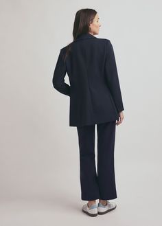 Borrowed from the boys, this double-breasted blazer has classic menswear styling--structured shape, notch lapels, marble-finished buttons and front flap pockets. Cut from a rich navy fabric, The Phoebe Blazer is a true classic and looks especially sharp paired with the coordinating Phoebe Crop Flare Pant.63% Polyester, 32% Rayon, 5% ElastaneCare Instructions:Dry clean onlyGaby is 5'9" wearing size Small National Daughters Day, Blue Filter, Cropped Flare Pants, Daughters Day, Classic Menswear, Crop Flare, Flare Pant, Navy Fabric, Cropped Flares