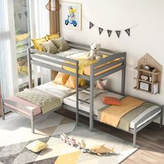 a child's bedroom with two bunk beds and a toy car on the floor