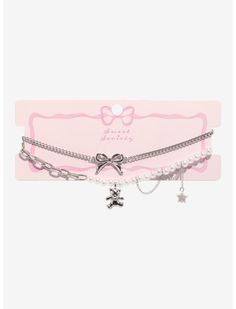 Sweet Society Teddy Bear Bow Pearl Choker Necklace Set | Hot Topic Cute Silver Choker Jewelry, Teddy Bear Jewelry, Girly Wardrobe, Dreamy Jewelry, Bear Accessories, Necklaces Pink, Animal Sewing Patterns, Acrylic Set, A Teddy Bear