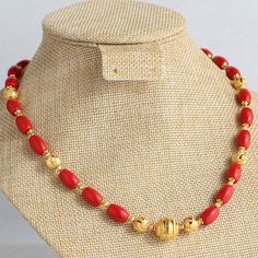 Coral Designs Jewellery, Traditional Coral Necklace With Colorful Beads, Gold Beads Beaded Necklaces For Festivals, Gold Oval Beaded Necklaces For Gifts, Elegant Coral Jewelry With Gold Beads, Elegant Red Coral Necklace With Gold Beads, Gold Beaded Necklaces With Red Coral Round Beads, Gold Beaded Necklace With Polished Red Coral, Gold Necklace With Polished Red Coral Beads