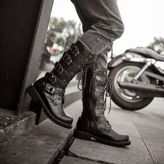 Asian fit sizes, please ensure you check our sizing guide before making a purchase. Biker Forward is proud to present our new riding collection of Motorcycle Boots for Men and Women. Punk Motorcycle Cruiser Boots is built to be powerful, resilient, and rugged, which provides you with the protection and comfort you desire, wrapped up in a leading man package. Features: Solid color design, chic and trendy Made of premium PU leather High-density rubber heavy lugged sole Water-resistant Slip-resista Combat Boots For Men Long, Motorcycle Cruiser, Punk Motorcycle, Latest Fashion Shoes, Military Combat Boots, Leather Motorcycle Boots, Army Boots, High Top Boots, Military Boots