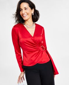 in stock Elegant Red V-neck Blouse Piece, Elegant Red V-neck Tops, Red V-neck Evening Tops, Red Chiffon V-neck Blouse, Vibrant Red V-neck Top, Satin Blouse, Satin Top, Wrap Blouse, Plus Size Blouses