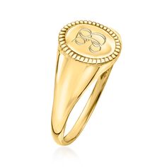 Ross-Simons - Plain - Italian 14kt Yellow Gold Signet Ring Size 7. Our signet ring from Italy is a true classic, gleaming in 14kt yellow gold. Perfect for gifting or self-gifting, it's a timeless style that is sure to please. 3/8" wide. 14kt yellow gold signet ring. Classic Formal Initial Ring Stamped 14k, Timeless Gold Signet Ring With Hallmarks, Classic 14k Yellow Gold Signet Ring, Classic Yellow Gold 14k Signet Ring, Timeless Gold Sterling Silver Initial Ring, Classic Signet Ring With Initials, Classic Yellow Gold Signet Ring With Initials, Classic Formal Initial Ring With Hallmarks, Classic Initial Ring With Polished Finish