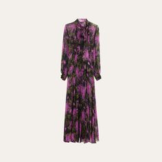 Oscar de la Renta chiffon pleated dress in chrysanthemum print with a scarf-neck High neckline Long sleeves; button cuffs Full length A-line silhouette Silk Dry clean Made in Italy