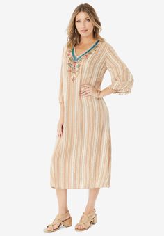 Embellished Crinkle Kaftan | Roaman's Warm Vacation, Dashiki Dress, Maxi Bodycon Dress, A Line Maxi Dress, Kaftan Style, Crinkle Fabric, Summer Living, Boat Neck Dress, Ruched Midi Dress