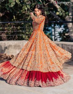 Buy Traditional Pishwas Lehenga Orange Bridal Dress available Online in the USA. This stunning Pakistani Bridal Dress can be customized. Fast Shipping Orange Bridal Dress, Lehenga For Mehndi, Nameera By Farooq, Pakistani Bridal Dress, Red Bridal Dress, Desi Wedding Dresses, Asian Bridal Dresses, Asian Wedding Dress, Latest Bridal Dresses