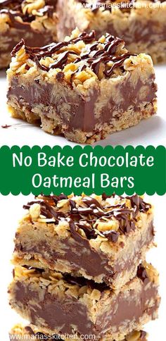 no bake chocolate oatmeal bars are stacked on top of each other