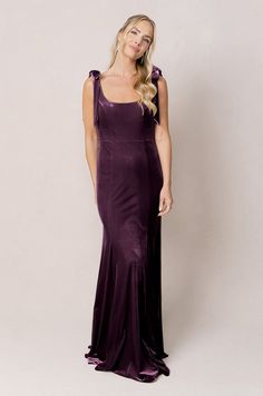 Model: Britt; Size: 4; Color: Purple Plum Velvet Dress, Plum Purple Dress, Plum Bridesmaid, Purple And Green Wedding, Plum Bridesmaid Dresses, Wedding Parties Colors, Holy Matrimony, Godet Skirt, Velvet Bows