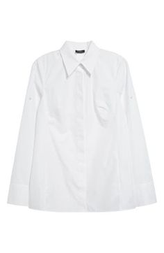 Silk-softened cotton poplin brings elegant ease to this button-up tunic designed with roll-tab cuffs, a point collar and martingale for an array of looks and fits. 28" front length; 29 1/2" back length (size 8) Hidden-button placket Point collar Long sleeves with roll-tab cuffs Martingale 78% cotton, 22% silk Dry clean Imported Designer Clothing White Blouse With Concealed Placket For Office, Timeless Office Blouse With Placket, Chic White Blouse With Concealed Placket, Classic White Blouse With Hidden Buttons, Classic White Blouse With Hidden Button Closure, Classic Blouse With Lapel Collar And Buttons, White Blouse With Concealed Placket And Fold-down Collar, Designer White Dress Shirt For Work, Timeless Collared Office Shirt