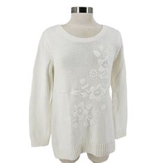 Embrace the beauty of winter with the Style & Co. Winter White Embroidered Flower Sweater, a captivating addition to your cold-weather wardrobe! ⛄️👗✨ This enchanting sweater features delicate floral embroidery that adds a touch of elegance and femininity to your winter outfits. Its winter white hue exudes a sense of purity and freshness, while the soft and comfortable cotton construction ensures warmth and coziness. Whether you're strolling through a winter wonderland or cozying up by the firep Flower Sweater, Floral Knit, Four Days, Home Color, Sweater White, Embroidered Sweater, Knit Sleeve, Small Chest, Winter Sweaters