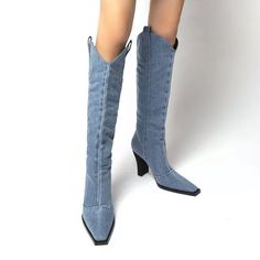 Sexy Blue Denim Jean Boots Knee High Pull On Custom Order Takes A Few Weeks Spring Denim Knee-high Boots, Denim Knee-high Boots For Spring, Spring Knee-high Denim Boots, Denim Blue Winter Boots, Denim Blue Pointed Toe Denim Boots, Spring Denim Blue Denim Boots, Casual High Ankle Denim Boots, Trendy Denim Blue Round Toe Boots, Denim Blue Pointed Toe Winter Boots