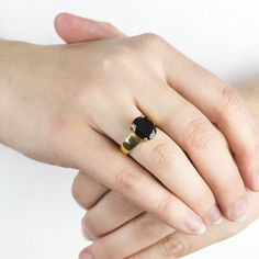 Vermeil Onyx Ring Black Birthstone Jewelry For Promise Ring, Black Birthstone Jewelry For Wedding, Black Wedding Jewelry With Birthstone, Yellow Gold Black Spinel Jewelry As A Gift, Birthstone Ring With Polished Finish For Gift, Polished Finish Birthstone Ring As Gift, Black Birthstone Ring Gift, Gift Birthstone Ring With Polished Round Stone, Polished Finish Birthstone Ring With Round Stone