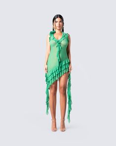 Christine Green Ruffled Mini Dress – FINESSE Green Mini Dress With Ruffle Hem, Sheer Chiffon Mini Dress For Party, Flirty Sheer Summer Dress, Flirty Sheer Dress For Summer, Summer Green Chiffon Dress, Green Fitted Sheer Mesh Dress, Green Chiffon Summer Dress, Sheer Chiffon Mini Dress, Green Sleeveless Mesh Dress For Summer