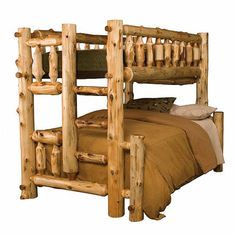 a wooden bunk bed with logs on the top and bottom rails, made from natural wood