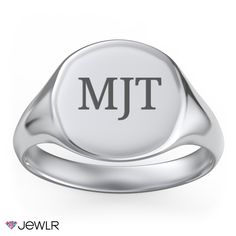 Famously known as the “gentleman’s ring,” this classic round signet ring is the perfect gift for commemorating a special occasion or event, such as a birthday, graduation, anniversary, or retirement. Personalize with an engraving on the ring’s flat surface, with the option of adding a base engraving. Customize in your choice of sterling silver or white, yellow, and rose gold. Domed Signet Ring With Polished Finish For Gift, Domed Signet Ring With Polished Finish For Promise, Classic Formal Signet Ring, Domed Signet Ring With Polished Finish For Anniversary, Classic Signet Ring For Formal Occasions, Classic Round Signet Ring With Polished Finish, Classic Polished Signet Ring For Formal Occasion, Classic Formal Signet Ring With Initials, Timeless Classic Design Signet Ring