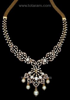 235-DN329 - 18K Rose Gold Polish Diamond Necklace with South Sea Pearls Modern Necklace Design, Diamond Ornaments, Diamond Necklace Indian, Cz Jewellery, Diamond Necklace Simple, Real Diamond Necklace, Gold Necklace Indian, Diamond Wedding Jewelry, Diamond Pendant Sets