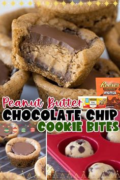 peanut butter chocolate chip cookie bites collage with text overlay that reads, peanut butter chocolate chip cookie bites