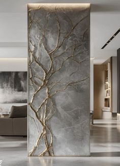 an artisticly designed wall in a modern living room