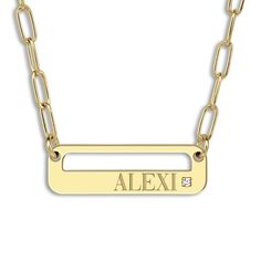 A lustrous high-polish, personalized pendant is accented with a brilliant round diamonds and displays your name proudly in the center of this stylish women's necklace. Fashioned in yellow gold-plated sterling silver, the 18-inch paperclip chain secures in place with a lobster clasp. Personalize with up to 8 characters and one line of engraving. Formal Elegant Name Necklace With Diamond Accents, Classic Diamond Nameplate Jewelry, Personalized Diamond Pendant Necklace For Formal Occasion, Personalized Pendant Diamond Necklace For Formal Occasions, Luxury Nameplate Necklace For Formal Occasions, Personalized Modern Name Necklace For Anniversary, Elegant Nameplate Jewelry With Diamond Accents, Gold Diamond Nameplate Necklace, Elegant Gold Diamond Nameplate Necklace