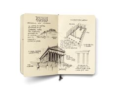 an open book with drawings on it and the words, architectural design written in cursive ink