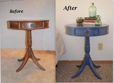 before and after photos of an old table turned into a side table with paint job