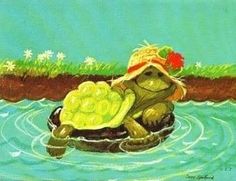 a painting of a turtle in the water wearing a hat